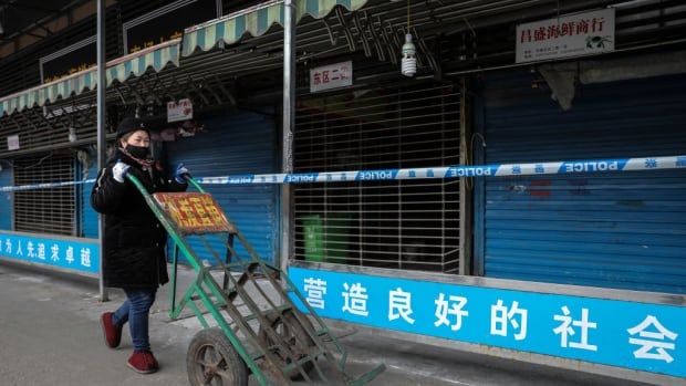 A woman wears a mask while pushing a wheelbarrow past the closed Huanan Seafood Wholesale Market