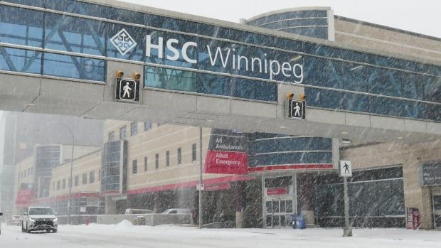 Wintry picture of the exterior of a Winnipeg hospital.