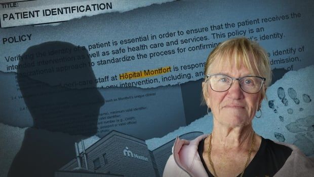 A silhouette of a man and an image of an older woman are superimposed over a backdrop of Montfort hospital's updated identification policy.