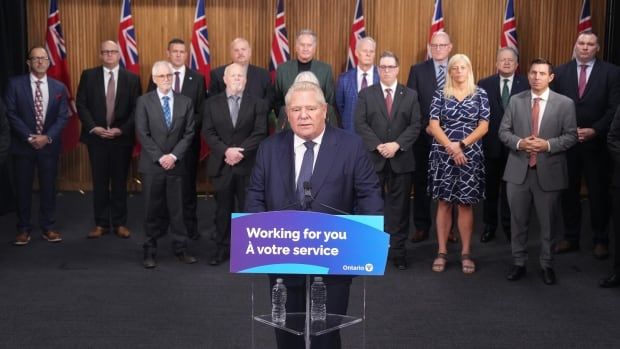 Photo showing a premier speaking at a podium with several people standing behind him