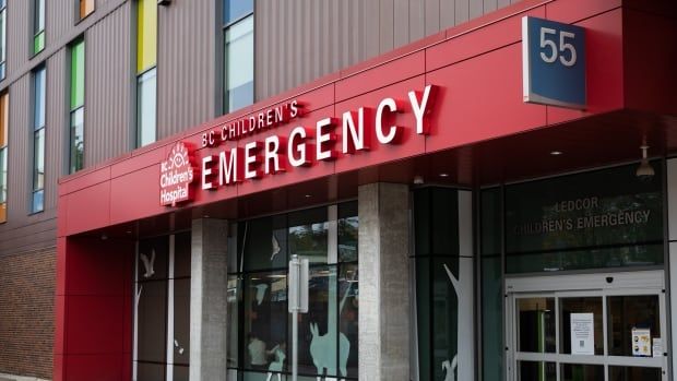 A photo of an emergency department at a hospital, with the words 'BC Children's Emergency' visible on a red wall.