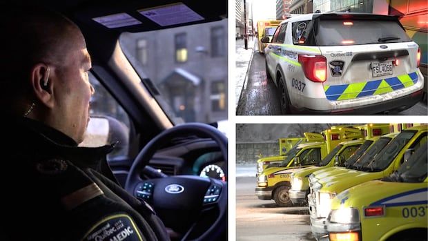 Three photos. A paramedic is shown driving a vehicle, the vehicle itself parked with sirens on, and a row of ambulances parked