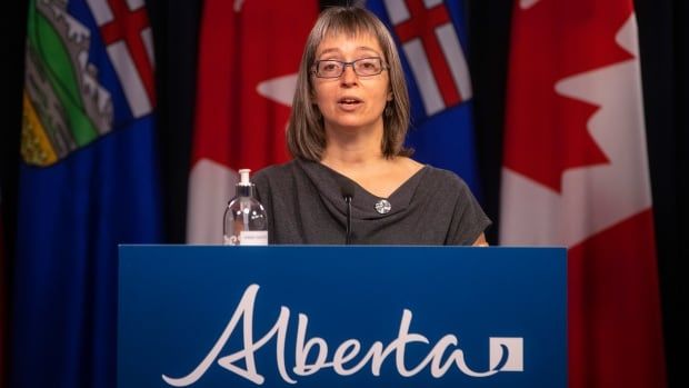 A woman stands at a podium addressing the media.