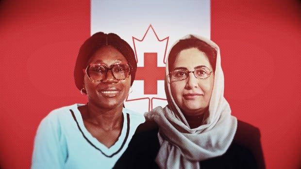 Illustration: two woman on the background of the Canadian flag with a medical cross drawn on a maple lead.