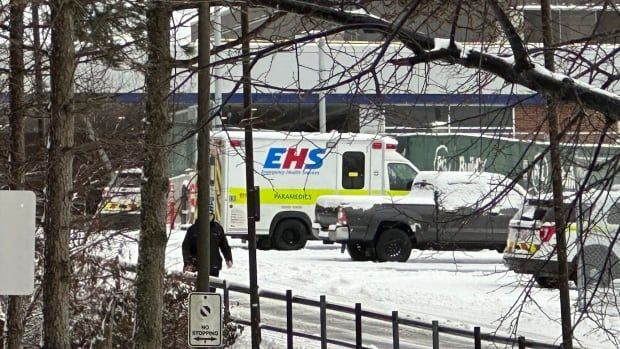 An ambulance is seen at the entrance of the Halifax Infirmary. 