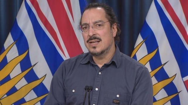 A man with hair tied back into a bun speaks in front of B.C. flags.