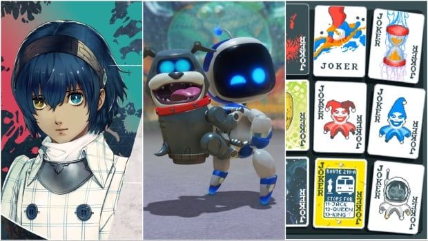 Three screenshots from video games: an anime protagonist, tiny robot, and playing cards.