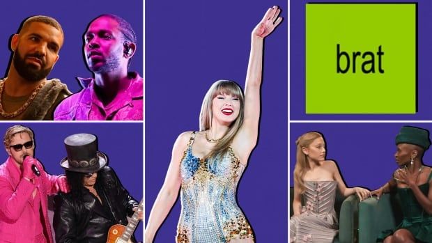 a collage of images of drake, kendrick lamar, ryan gosling and slash, taylor swift, the charli xcx brat cover and ariana grande and cynthia erivo.