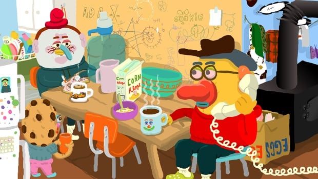 An animated still shows two animal-like characters sitting at a kitchen table.