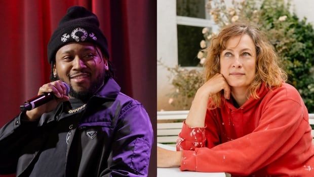 On the left is a photo of Boi-1da, a Black man wearing a black toque and holding a mic, and on the right is Sarah Harmer, a white woman with red hair wearing a red hoodie.