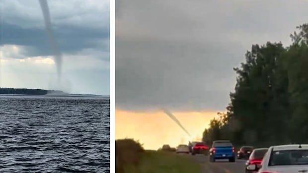 Two photos of a tornado-like funnel (waterspout) that formed on Lake of Two Mountains Aug. 25