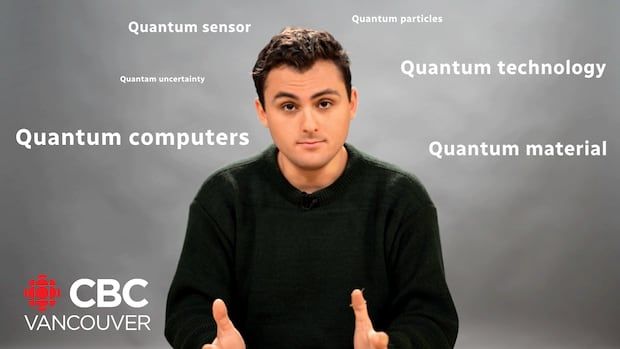 A man looks at the camera with the words quantum sensor, uncertainty, particles, technology and material floating behind him.