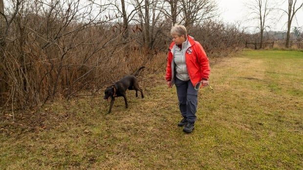 A woman in a bright orange coat walks beside a dog