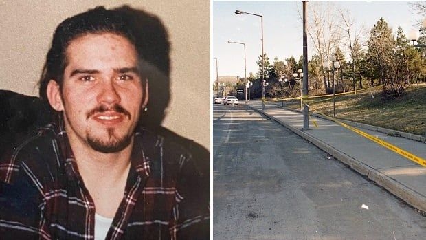 A composite picture of a young dark-haired man with a moustache and goatee in a dark, checked shirt beside a road with yellow police tape along the sidewalk.