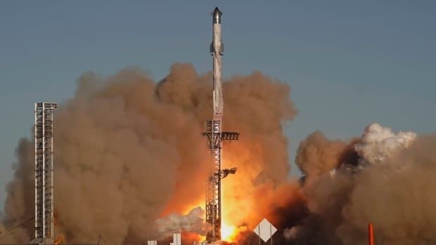 A view of a SpaceX rocket taking off from a launchpad in Texas.