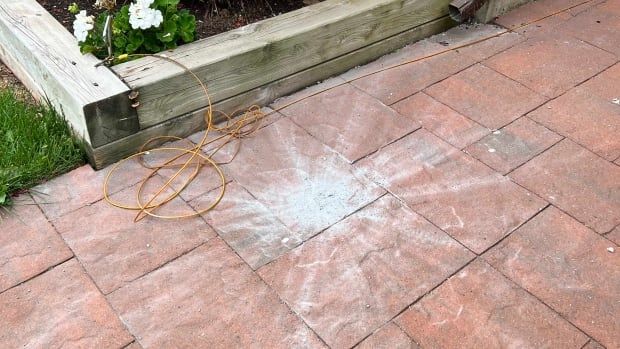 A splotch of grey dust on a red brick walkway outside a home.