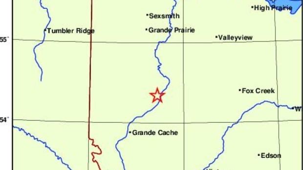 A map shows an approximate earthquake location between Grande Cache and Grande Prairie, Alta.