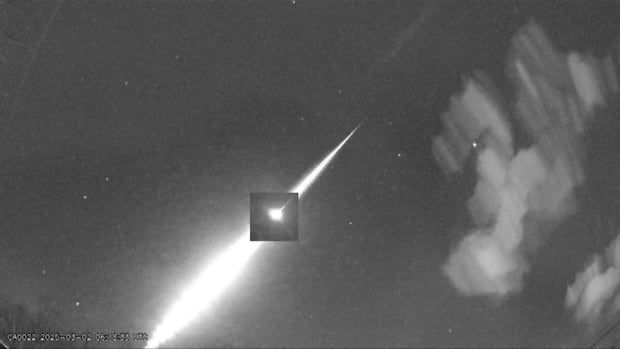 Black and white screen grab of meteorite falling near Drummondville, Que., March 2, 2025.