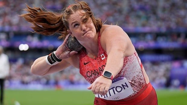 Canadian shot putter Sarah Mitton competes in the women's final at Paris Olympics on Aug. 9, 2024, in Saint-Denis, France.