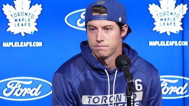 Toronto Maple Leafs forward Mitch Marner speaks to the media during a press conference at the start of the team's training camp in Toronto on Sept. 18, 2024.