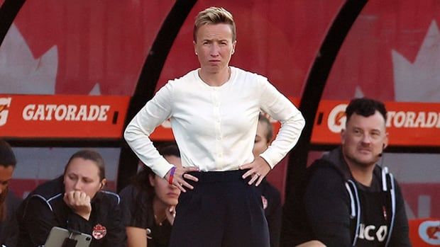 Canadian national women's soccer head coach Bev Priestman looks on during an international friendly against Mexico at BMO Field on June 4, 2024 in Toronto. 