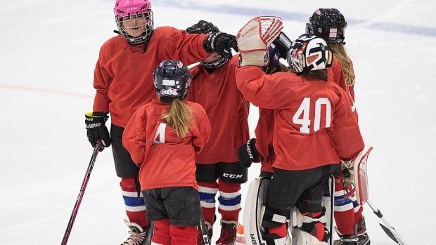  Players with the Canadiennes de Montreal are shown during a practice on Nov. 5, 2021.