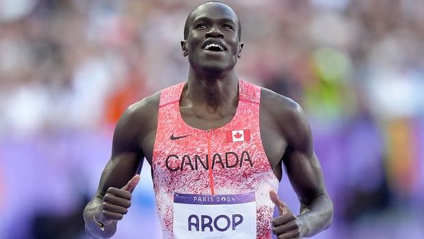 Canadian middle-distance runner Marco Arop reacts after competing in the men's 800-metre final at the Paris Olympics in Saint-Denis, France on Aug. 10, 2024.