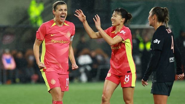 Portland Thorns FC forward Christine Sinclair (12) celebrates scoring against Angel City FC in her final regular-season match.