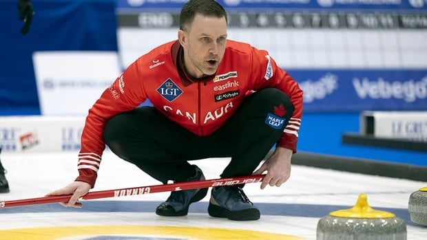 St. John's skip Brad Gushue in action during the final game against Sweden at the men's world curling championship at the IWC Arena in Schaffhausen, Switzerland on April 7, 2024.