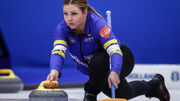 Edmonton skip Selena Sturmay delivers a stone against Team Manitoba-Lawes in qualifications at the Scotties Tournament of Hearts in Calgary on Feb. 23, 2024. 