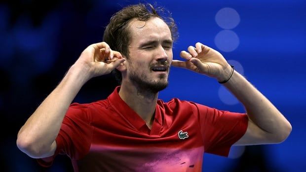 Russian tennis player Daniil Medvedev celebrates a win over Alex de Minaur of Australia at the ATP Finals on Nov. 12, 2024 in Turin, Italy.