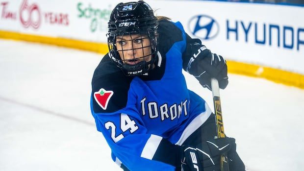 Women's hockey player skating on the ice in Toronto jersey.