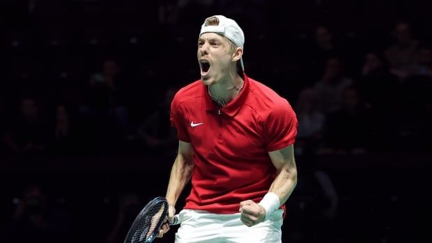 A men's tennis player celebrates.