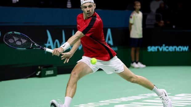 Canadian men's tennis player Denis Shapovalov plays a backhand in his singles match against Jan-Lennard Struff of Germany in a quarterfinal tie at the Davis Cup Final 8 in Malaga, Spain on Nov. 20, 2024. 