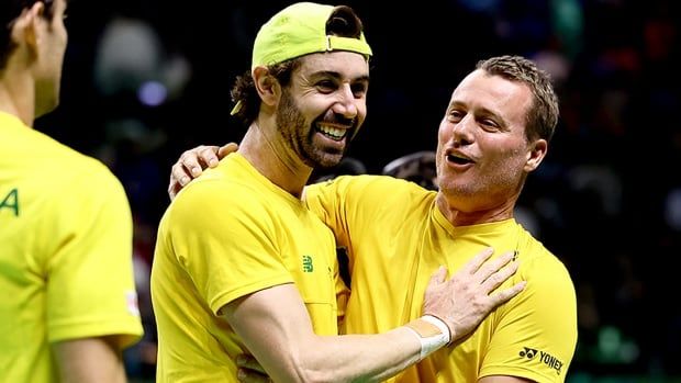 Australian doubles tennis partners Matthew Ebden and Jordan Thompson celebrate their straight-sets win over Americans Ben Shelton and Tommy Paul in quarterfinal play at the Davis Cup Final 8 on Nov. 21, 2024 in Malaga, Spain. 