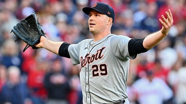 Detroit Tigers starting pitcher Tarik Skubal extends both arms on each side of his body in reaction to playing the hometown Cleveland Guardians in Game 2 of the American League Division Series at Progressive Field on Oct. 7, 2024 in Ohio.