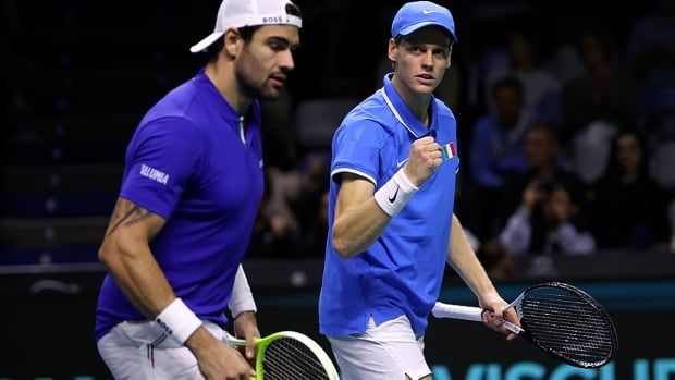 Italy's Matteo Berrettini and Jannik Sinner celebrate a point in their quarterfinal tie against Argentina's Maximo Gonzalez and Andres Molteni at the Davis Cup Final 8 on Nov. 21, 2024 in Malaga, Spain.