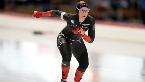 Canadian female speed skater starts the women's 3000-metre allround event at the ISU world championships in Inzell Germany, Saturday, March 9, 2024.