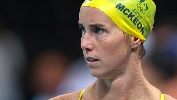 Australian swimmer Emma McKeon looks on during a training session ahead of the Paris Olympics at La Defense Arena on July 25, 2024 in France. 