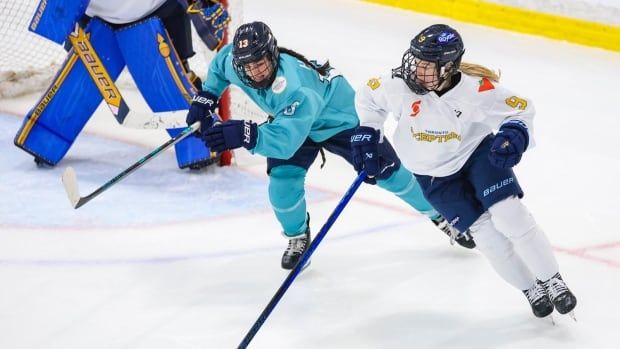 Female hockey players compete on the ice.