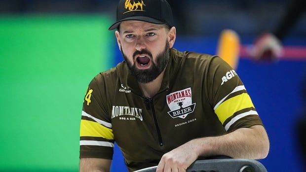 Manitoba curler Reid Carruthers calls out to the sweepers after delivering a rock while playing Team Canada during the Brier playoffs in Regina on March 8, 2024.