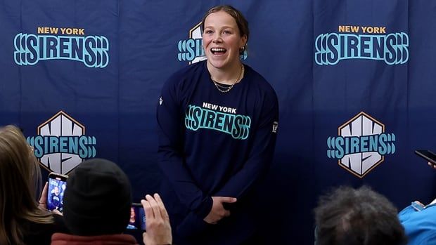 Forward Sarah Fillier of the New York Sirens speaks to the media during the PWHL team's media day at Richard J. Codey Arena on Nov. 14, 2024 in West Orange, New Jersey.