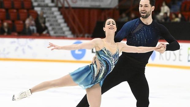 Deanna Stellato-Dudek and Maxime Deschamps of Canada perform during pairs free skating at the international figure skating competition Finlandia Trophy in Helsinki on Nov. 17, 2024. 