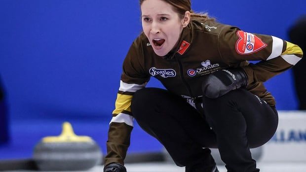 Winnipeg skip Kaitlyn Lawes encourages her teammates as they play Alberta in qualifications at the Scotties Tournament of Hearts in Calgary on Feb. 23, 2024.