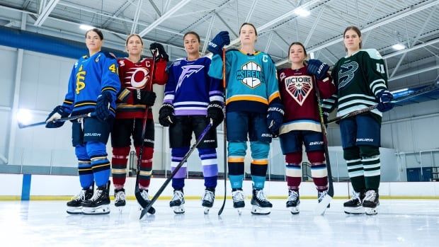 A group of women's hockey players pose for a photo on ice.