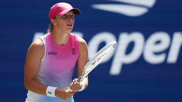  Polish tennis player Iga Swiatek looks on against Kamilla Rakhimova of Russia during their women’s singles match at the U.S. Open on Aug. 27, 2024 in New York.