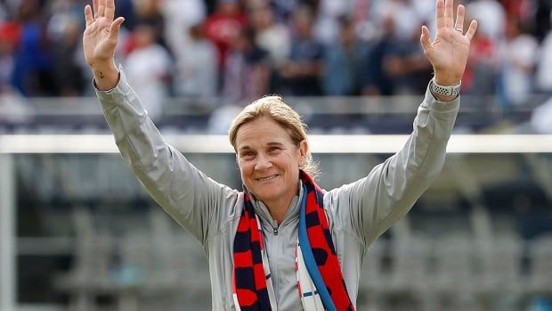 United States women's soccer head coach Jill Ellis waves to the crowd as she leaves the pitch after an international friendly against South Korea on Oct. 6, 2019 in Chicago.