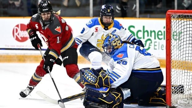 Ottawa Charge's Tereza Vanisova (13) and Toronto Sceptres' Jocelyne Larocque (3) watch the puck go wide of Sceptres goaltender Kristen Campbell (50) during third period PWHL hockey action in Ottawa, on Tuesday, Dec. 3, 2024. THE CANADIAN PRESS/Justin Tang