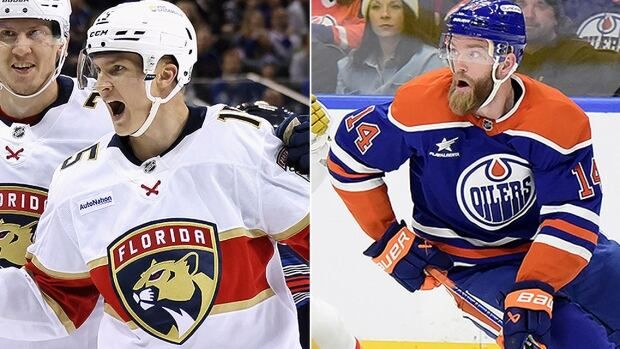 Composite photo of Florida Panthers forward Anton Lundell and Edmonton Oilers defenceman Mattias Ekholm during separate NHL regular-season games. 