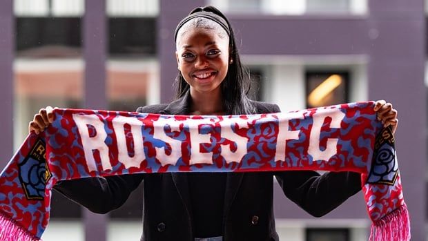 Forward Latifah Abdu poses after Montreal Roses FC announced the 23-year-old forward as their first player signing on Dec. 17, 2024.